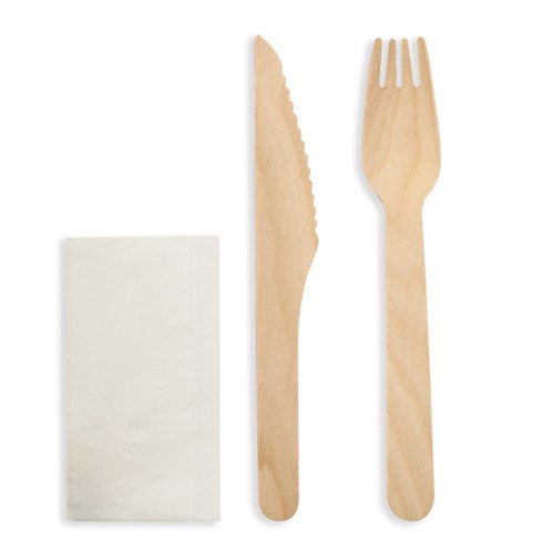 CUTLERY PACK WOODEN FORK, KNIFE & NAPKIN X 100 (4)